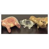 LR - Set of 3 Hippo Figurines - Brass, Glass and Hand-Painted Stone