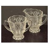 K - Vintage Cambridge Glass Creamer Pitcher and Sugar Dish Set with Floral Etchings