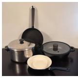LR - Collection of 4 Pots and Pans by Green Pan, Revere Ware and Sensarte