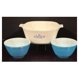 K - Vintage Corning Ware 2.5 Qt Casserole Dish and 2 Vintage Blue Pyrex Mixing Bowls