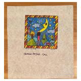 LR - Set of 4 Colorful Vintage Unframed Fabric Art Prints by Kiki 1990s