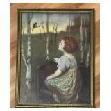 LL  - Framed Vintage Print of Girl and Robin in Birch Grove