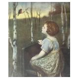 LL  - Framed Vintage Print of Girl and Robin in Birch Grove