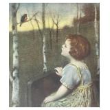 LL  - Framed Vintage Print of Girl and Robin in Birch Grove