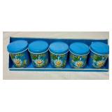 Vintage Tin Pie Safe with 3D Strawberries and Vintage Ransburg Blue Metal Wall Hanging Spice Canister Set