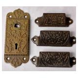 Variety of Vintage Trunk Hardware Parts & Nails plus 2 Leather Handles