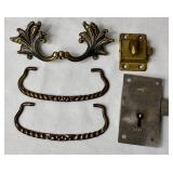 Variety of Vintage Trunk Hardware Parts & Nails plus 2 Leather Handles