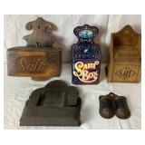 Old Tyme Salt Boxes and Two Antique Tin Wall Mount Match Holders