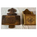 Old Tyme Salt Boxes and Two Antique Tin Wall Mount Match Holders