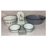 Vintage Toiletries Enamelware Bundle - Wall Mount Shave Stand/Soap Stand, Farmhouse Wash Basin, 2 Soap Bowls and 1 Toiletries Bowl