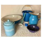 Vintage Blue Enamelware Bundle - Basin Bowl, Pictcher, Biscuit Jar, Dipper, Blue Speckled Bowl and Blue Pail and Butter Warmer