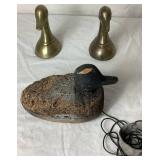 Vintage Brass Mallard Duck Bookends and Antique Hand Carved Cork Duck Decoy