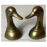 Vintage Brass Mallard Duck Bookends and Antique Hand Carved Cork Duck Decoy