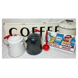 Vintage Enamelware Bundle - 2 Coffee Pots, Coffee Sign, Stock Pot with Lid, Snack Sign, and Ladle