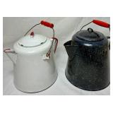 Vintage Enamelware Bundle - 2 Coffee Pots, Coffee Sign, Stock Pot with Lid, Snack Sign, and Ladle