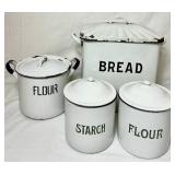 Vintage White & Dark Blue Enamelware Kitchen Bundle - Bread Tin, Flour Pot, Flour & Starch Containers