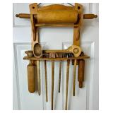 Vintage Kitchen Wall Holder with Rolling Pins and Assorted Kitchen Tools