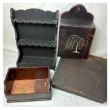 Vintage Wood Collection - Wall Box with Door, Folding Writing Desk, Spoon Display and Mail Holder Rack and Storage Box