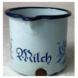 Cream & Blue Bundle of Pottery and Enamelware Milk Pitcher