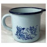 Cream & Blue Bundle of Pottery and Enamelware Milk Pitcher