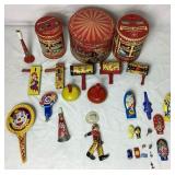Vintage Tin Toy Assortment - 1929 Tin Cowboy from Whoopee Car, Noisemakers, Clicker Toys, Horns and Push Spinner Toy  with 3 Circus Tins