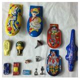 Vintage Tin Toy Assortment - 1929 Tin Cowboy from Whoopee Car, Noisemakers, Clicker Toys, Horns and Push Spinner Toy  with 3 Circus Tins