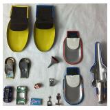 Vintage Tin Toy Assortment - 1929 Tin Cowboy from Whoopee Car, Noisemakers, Clicker Toys, Horns and Push Spinner Toy  with 3 Circus Tins