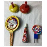 Vintage Tin Toy Assortment - 1929 Tin Cowboy from Whoopee Car, Noisemakers, Clicker Toys, Horns and Push Spinner Toy  with 3 Circus Tins