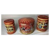 Vintage Tin Toy Assortment - 1929 Tin Cowboy from Whoopee Car, Noisemakers, Clicker Toys, Horns and Push Spinner Toy  with 3 Circus Tins