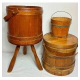 Antiique Firken Wooden Sugar Bucket, Primitive Wooden Bucket and Early American Wood Firkin Sewing Box