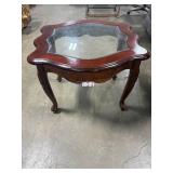 Wood and Glass Accent Table with Carved Details