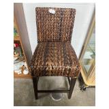 Woven Rattan Bar Stool with Wood Legs, 39 in H x 16 in W x 20 in D