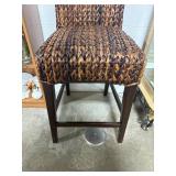 Woven Rattan Bar Stool with Wood Legs, 39 in H x 16 in W x 20 in D