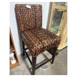 Woven Rattan Bar Stool with Wood Legs, 39 in H x 16 in W x 20 in D