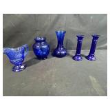 Collection of Cobalt Blue Glass Items - Vases, Candlesticks, Creamer