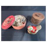 Vintage Sewing Notions Collection with Metal Buckles, Buttons, and Decorative Chicken Pin Cushion