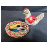 Vintage Sewing Notions Collection with Metal Buckles, Buttons, and Decorative Chicken Pin Cushion