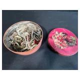 Vintage Sewing Notions Collection with Metal Buckles, Buttons, and Decorative Chicken Pin Cushion