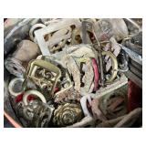 Vintage Sewing Notions Collection with Metal Buckles, Buttons, and Decorative Chicken Pin Cushion