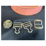Vintage Sewing Notions Collection with Metal Buckles, Buttons, and Decorative Chicken Pin Cushion