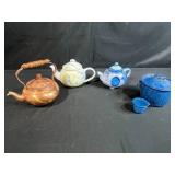 Assorted Teapot and Enamelware Lot - Copper Kettle, Ceramic Teapots, Blue Enamel Pot and Cup