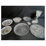 Vintage Glassware Collection with Pressed and Opalescent Bowls, Plates, and Covered Dish