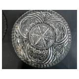 Vintage Glassware Collection with Pressed and Opalescent Bowls, Plates, and Covered Dish