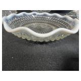 Vintage Glassware Collection with Pressed and Opalescent Bowls, Plates, and Covered Dish