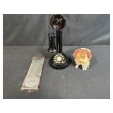 Vintage Canby Rendering Service Sign, Enesco Japan Girl Head Vase, Novelty Phone Bottle