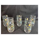 Set of Vintage Decorative Drinking Glasses with Floral, Goose, and Cottage Designs