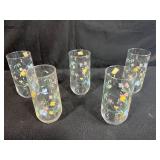Set of Vintage Decorative Drinking Glasses with Floral, Goose, and Cottage Designs