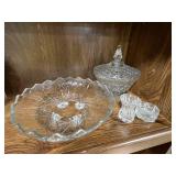 Vintage Pressed Glass Serving Set with Lidded Candy Dish, Bowl, and Small Vases