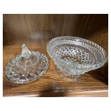 Vintage Pressed Glass Serving Set with Lidded Candy Dish, Bowl, and Small Vases