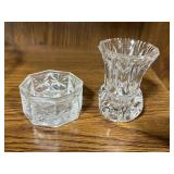 Vintage Pressed Glass Serving Set with Lidded Candy Dish, Bowl, and Small Vases